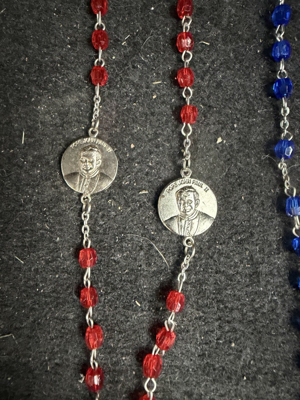Catholic Rosary Beads Pair Red Blue Crystal Glass Silver Tone Cross Religious