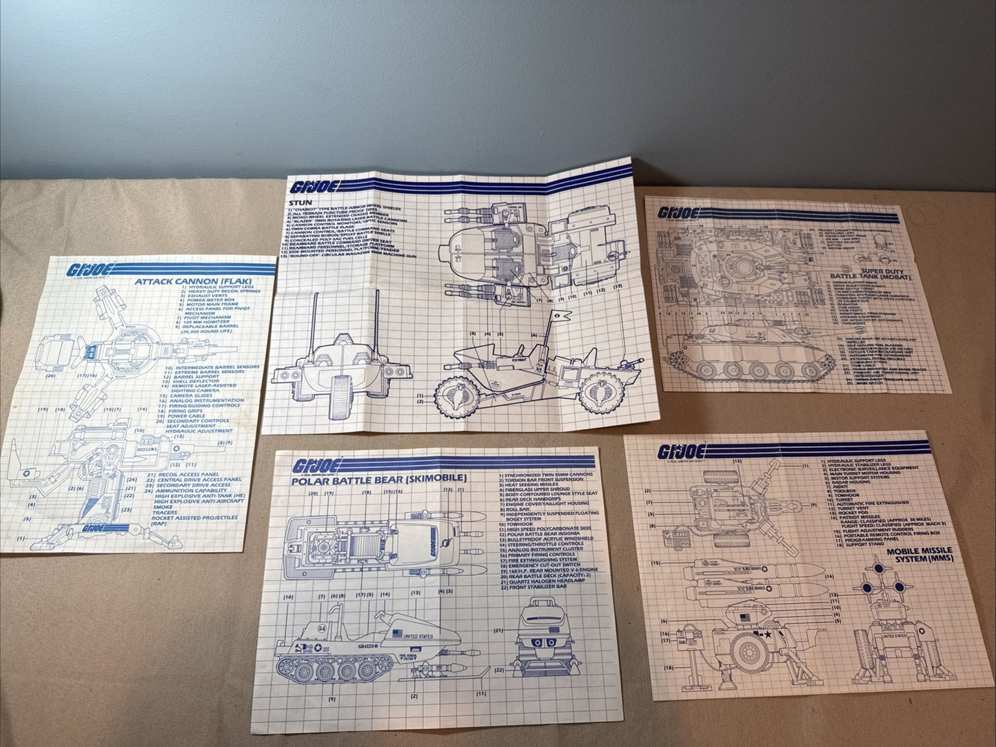 Vintage GI Joe ARAH 5 Blueprint Instruction Sheets MOBAT STUN FLAK MMS SKIMOBILE