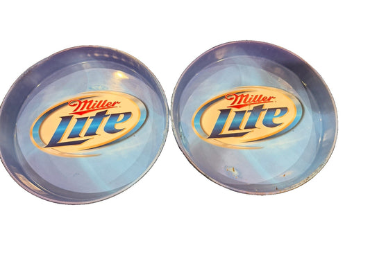 Vintage Miller Lite Beer Bar Trays Set of 2 Round Blue Plastic Advertising Decor