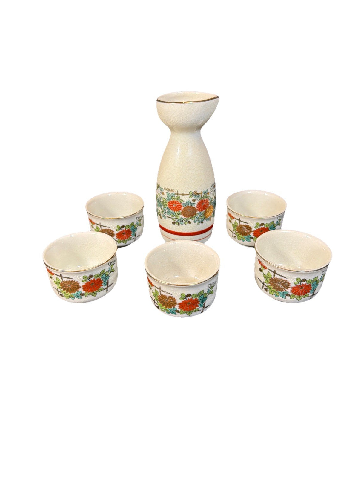Vintage Otagiri Japanese Sake Set Crackle Ceramic 6 Piece Set