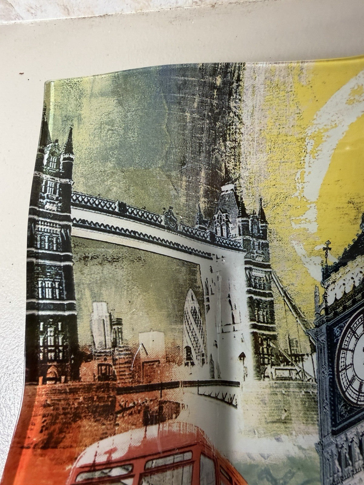 London England Souvenir Fused Glass Square Dish Tray Big Ben Red Bus Decor UK