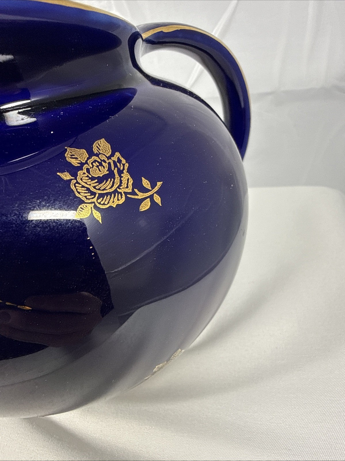 Vintage Hall Blue Ceramic Teapot Gold Trim Floral Mid Century Style