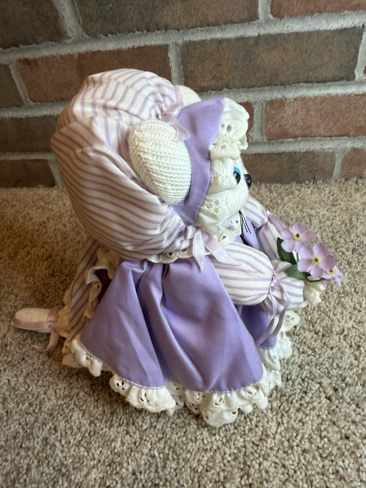 Vintage Handmade Knit Cat Doll Plush Purple Dress Bonnet Flowers Stuffed Animal