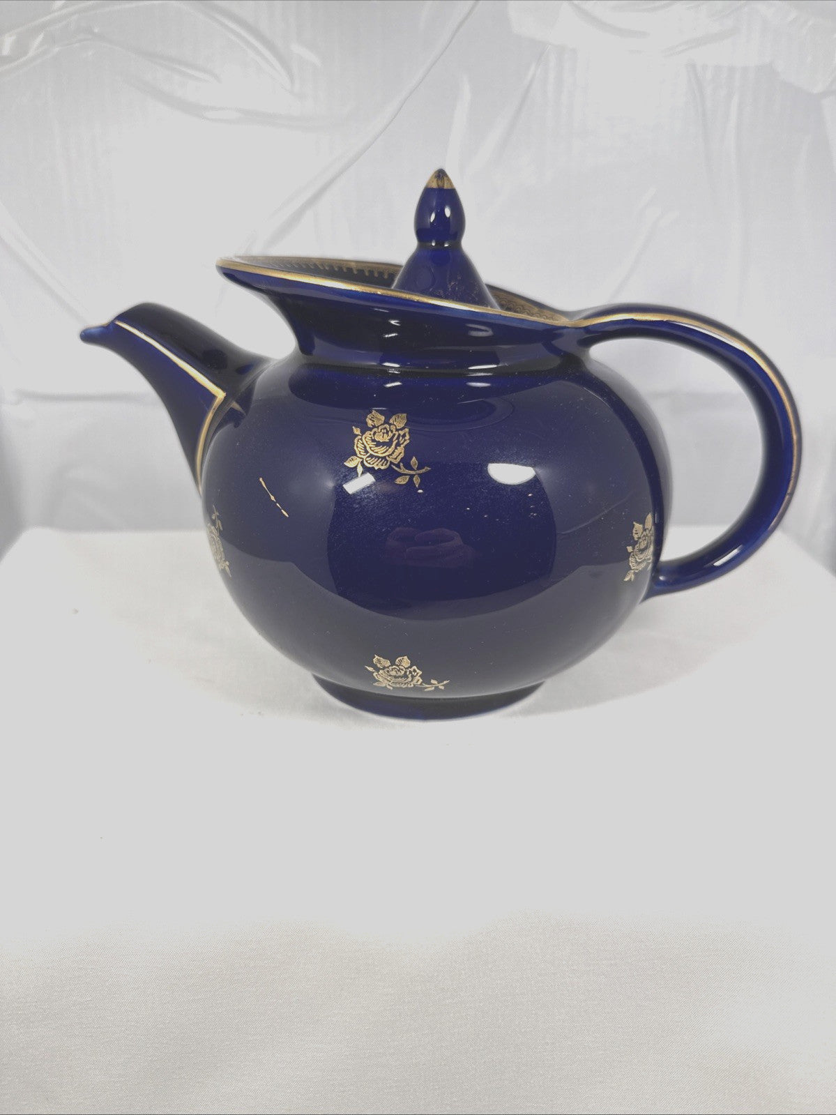 Vintage Hall Blue Ceramic Teapot Gold Trim Floral Mid Century Style