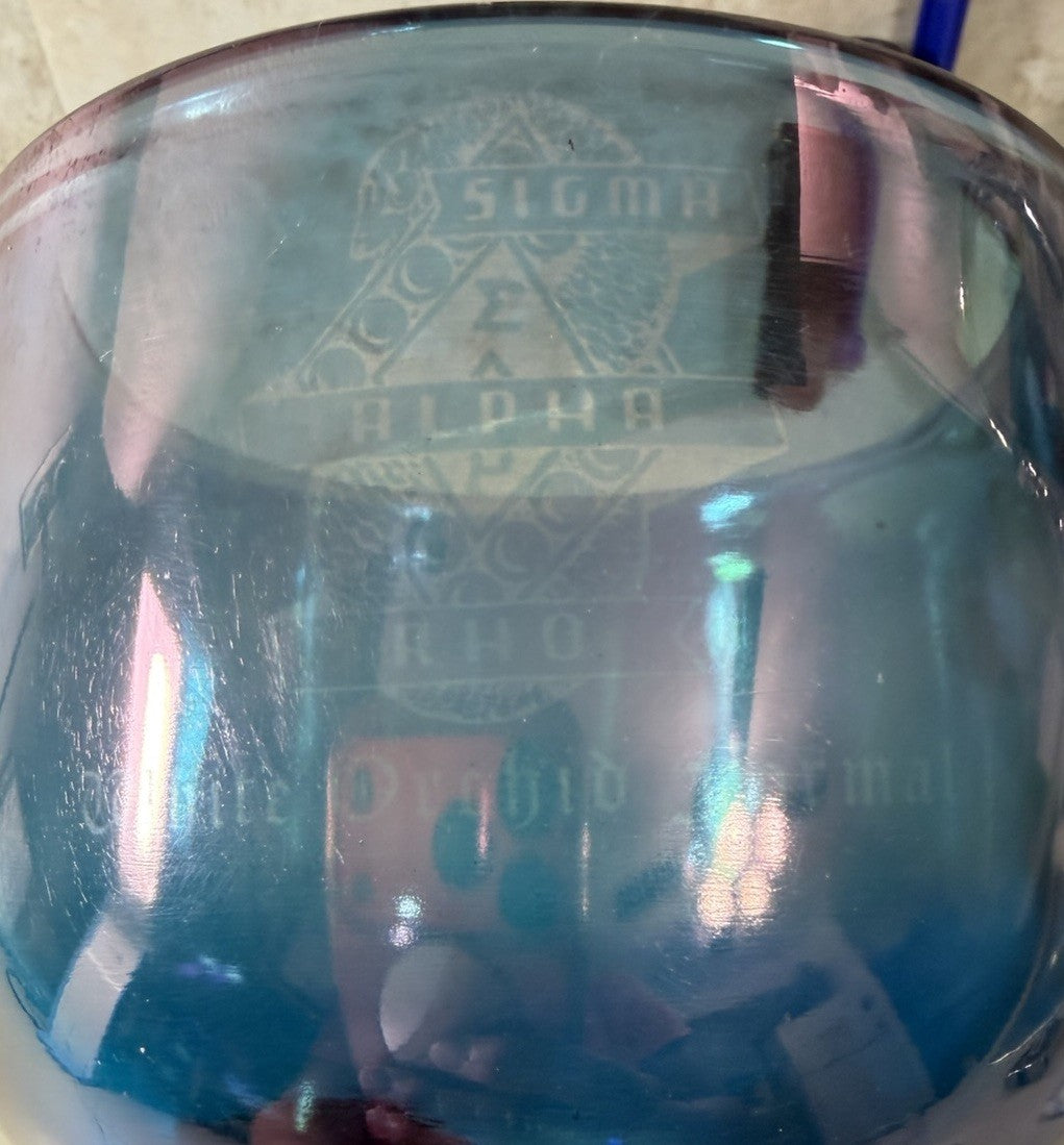 Vintage Sigma Alpha Rho Sorority Iridescent Blue Glass Goblet Chalice 8.5"