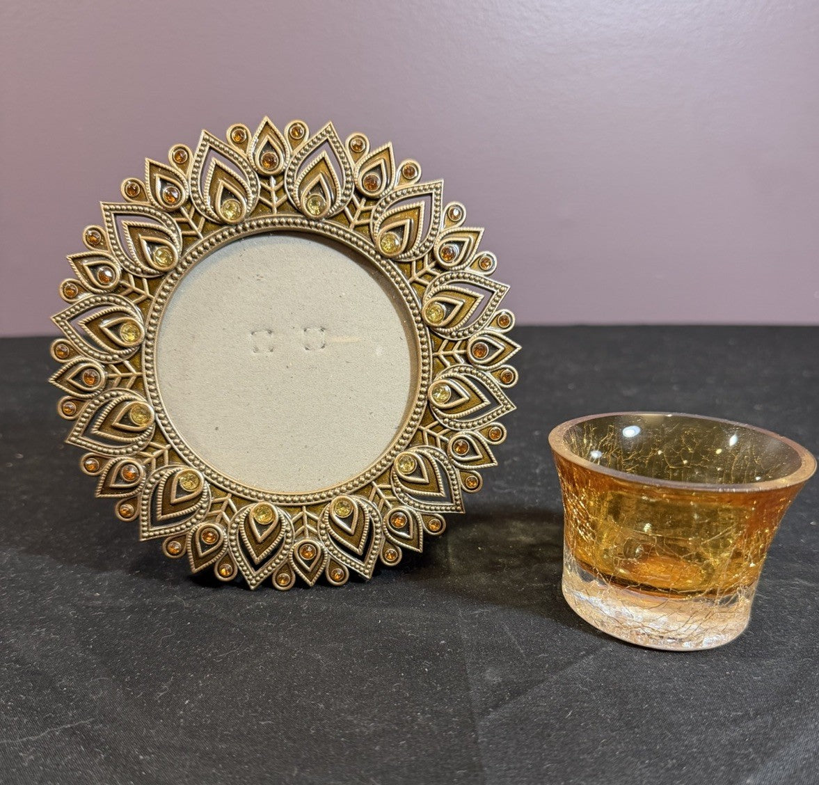 Ornate Pier One Metal Round Gem Photo Frame 6” & Amber Crackle Votive 2”