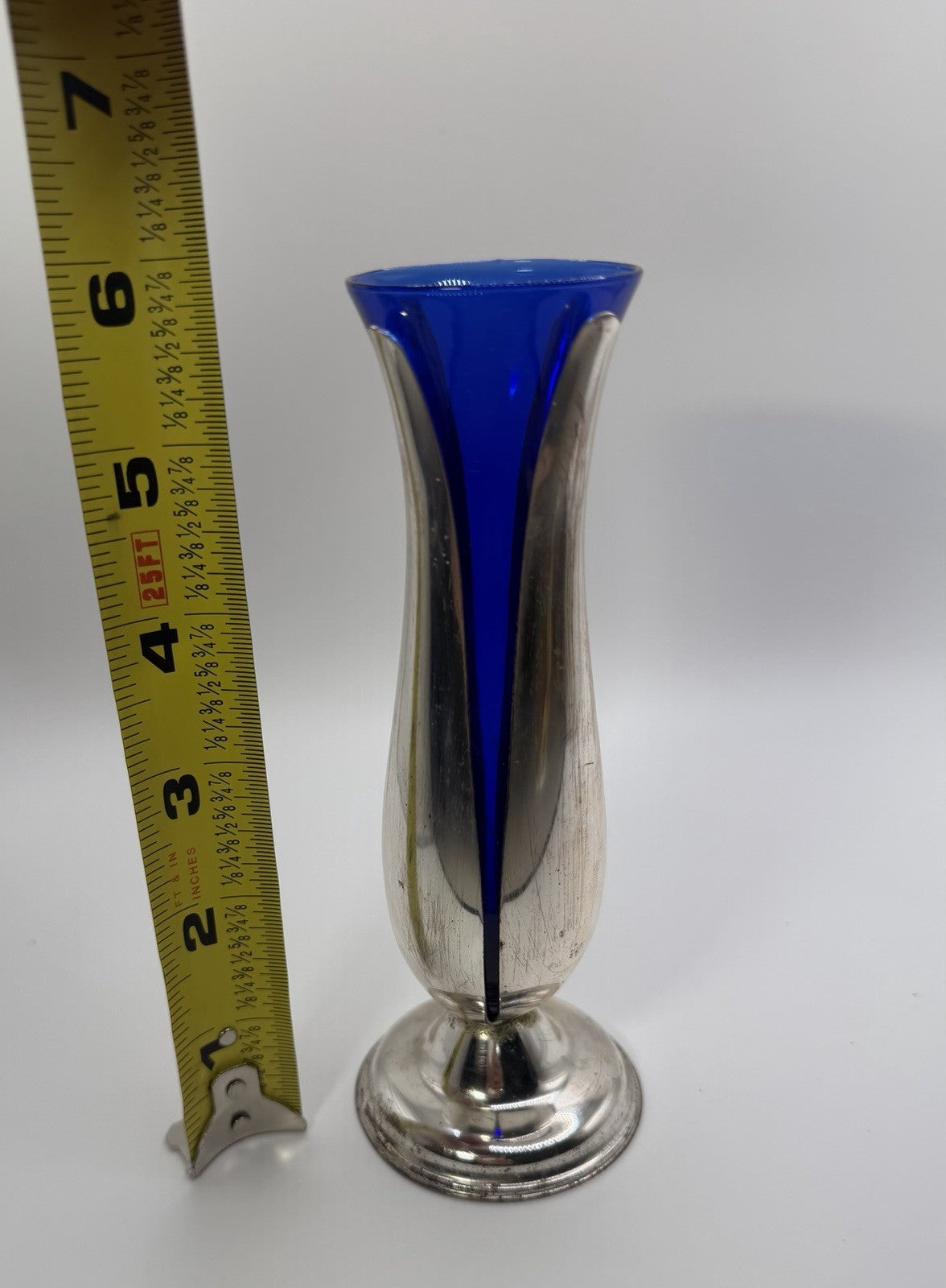 Vintage MCM Silver Plate Tulip Bud Vase Cobalt Blue Glass Insert 6 Inch