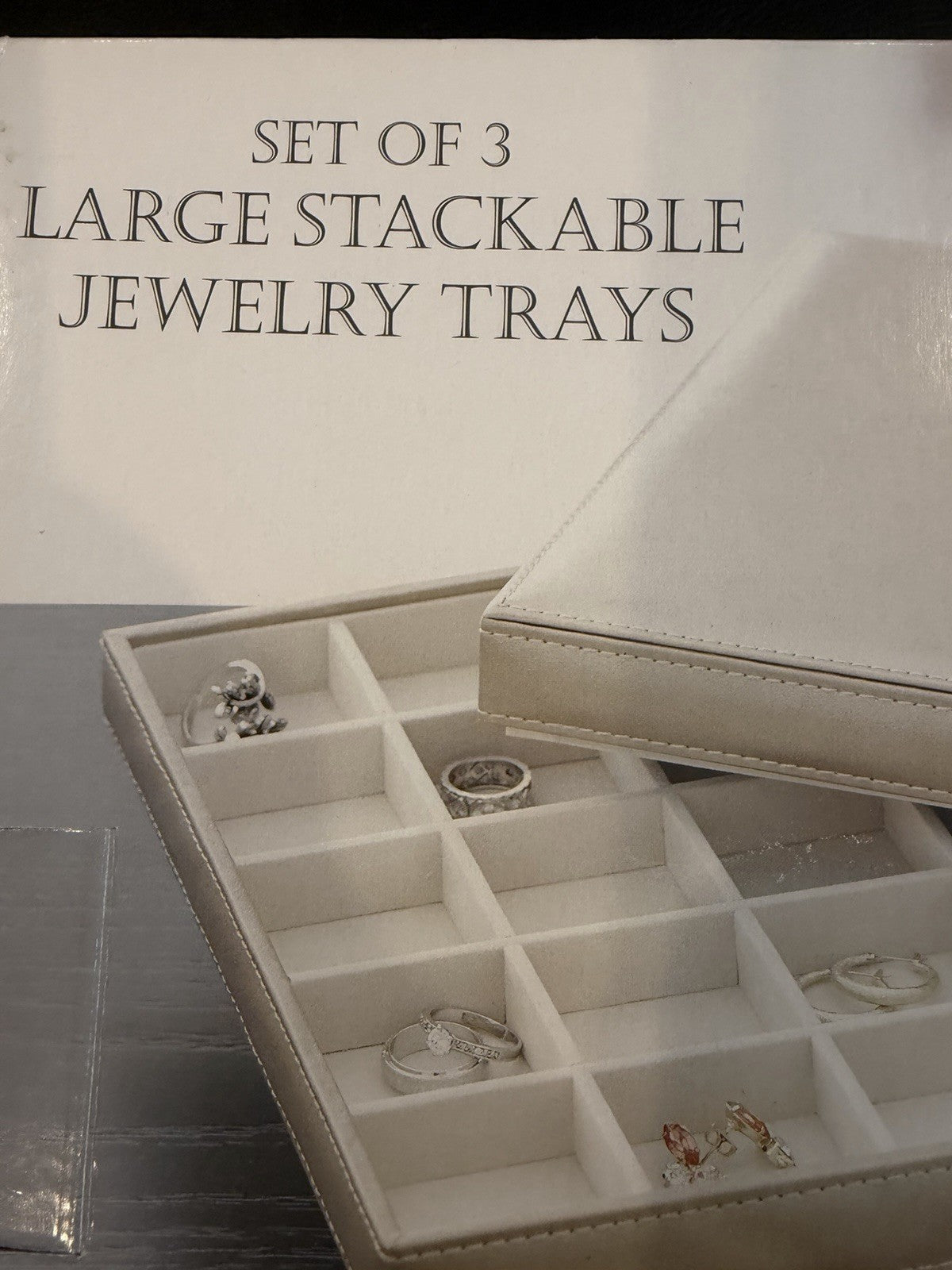 Ampersand Jewelry Tray Set 3 Large Stackable Taupe Storage Organizer Display New