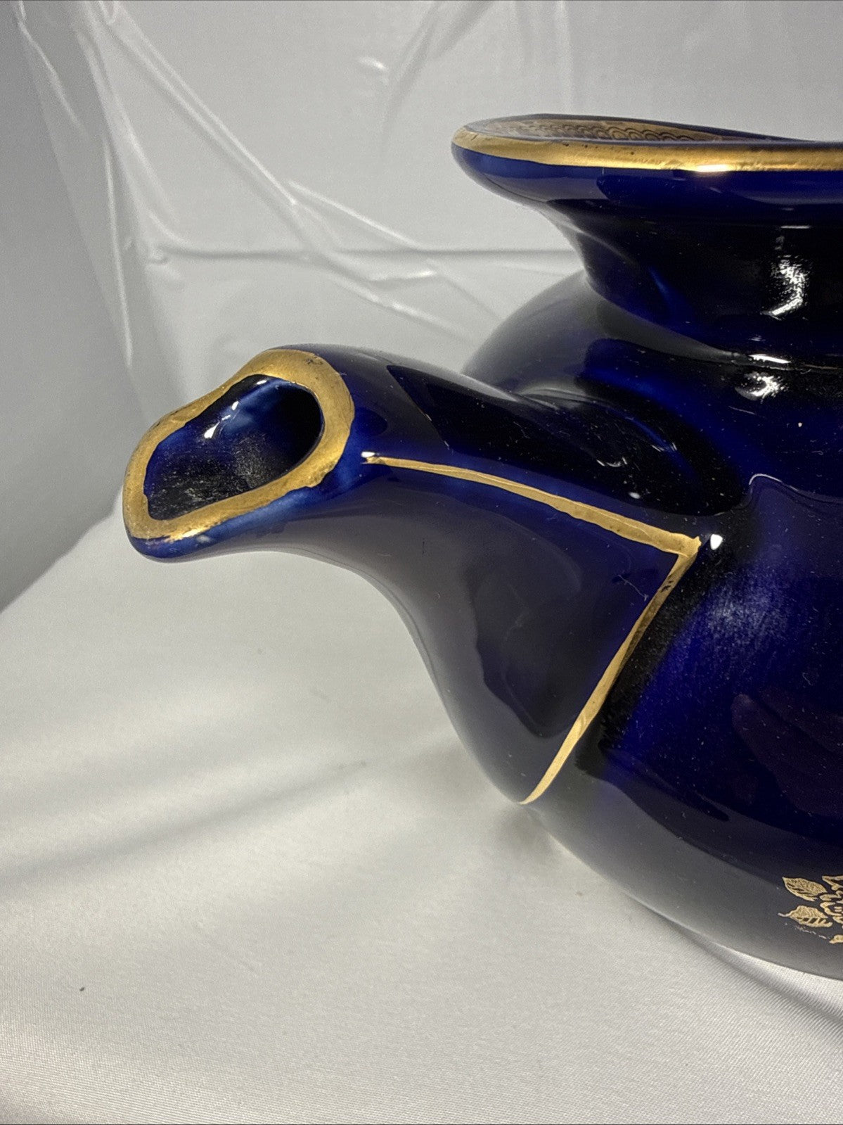 Vintage Hall Blue Ceramic Teapot Gold Trim Floral Mid Century Style