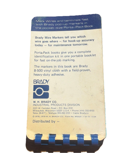 1979 Brady Wire Markers Porta Pack Book MS5620 Vintage Electrical Labels