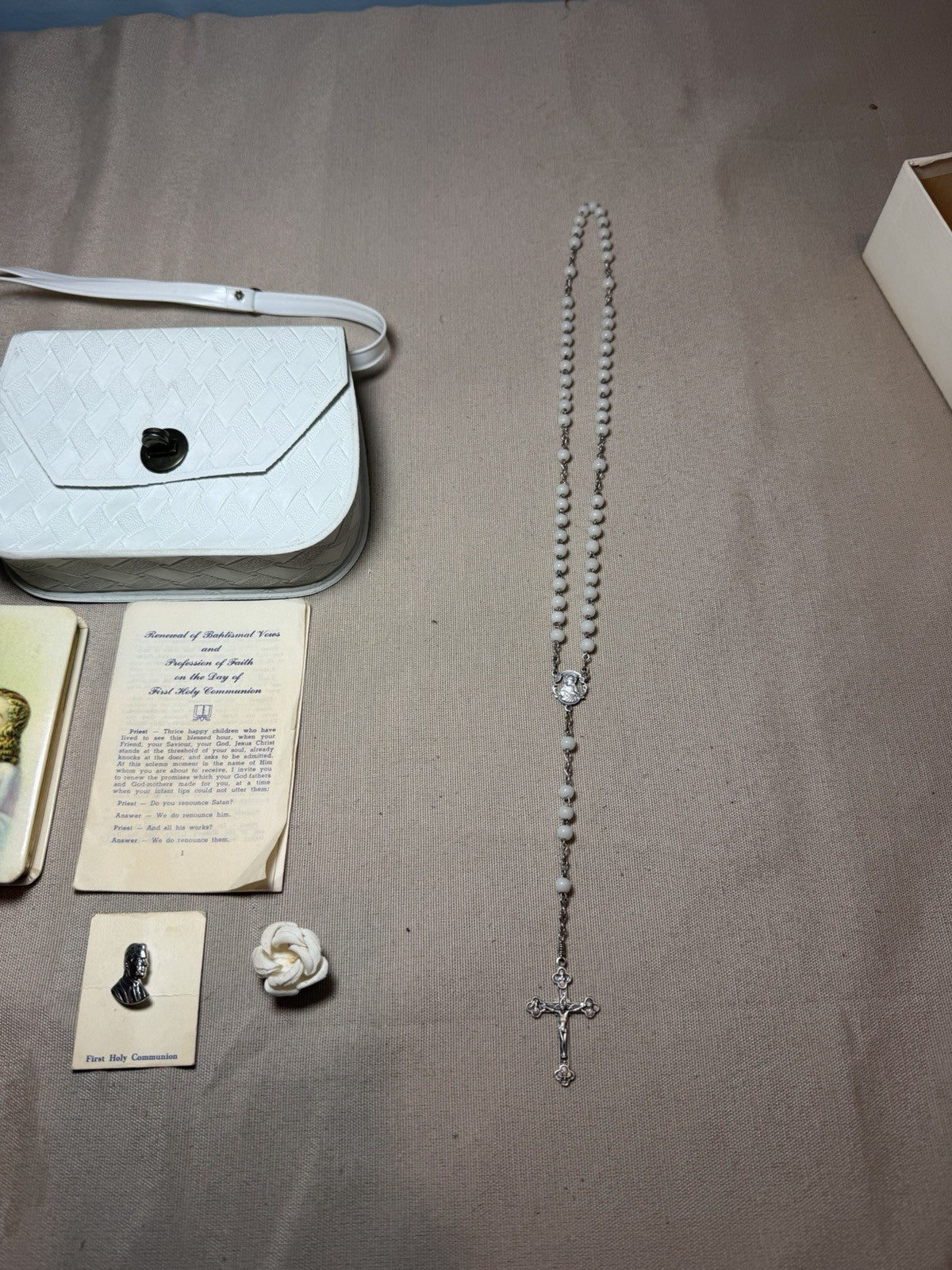Vintage First Holy Communion Set Veil Rosary Purse Prayer Book Lapel Pin