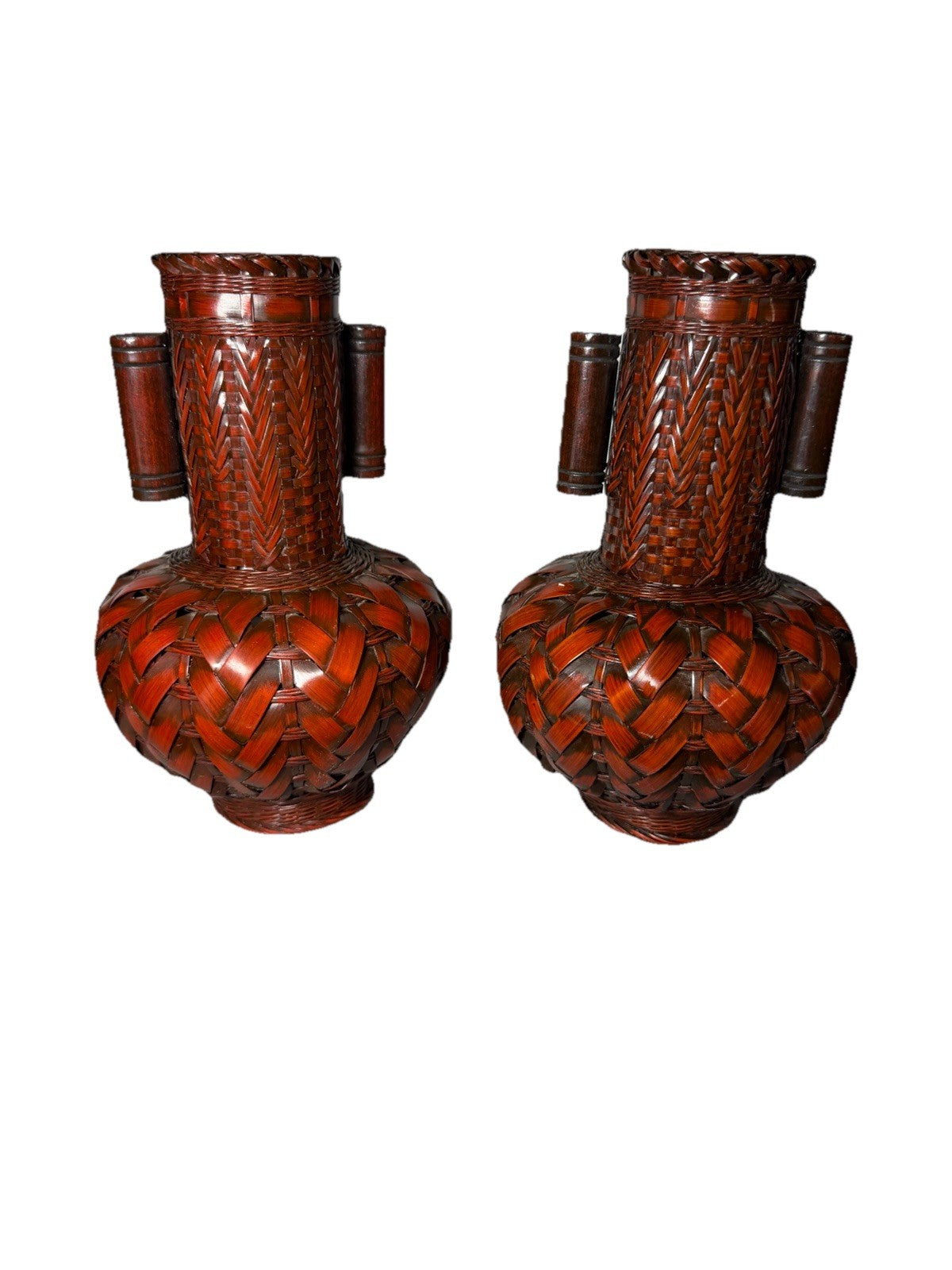 Vintage Japanese Ikebana Vase Bamboo Woven Pair Porcelain Inserts Set of 2