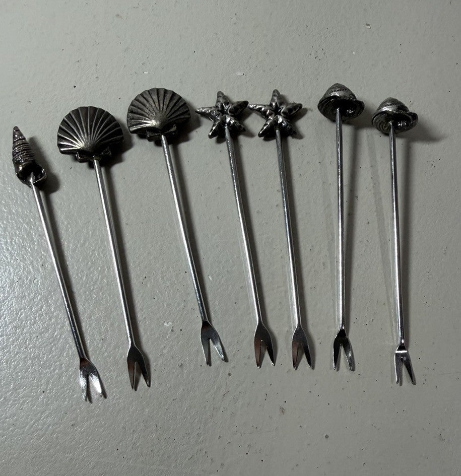 Coastal Cocktail Forks Set of 7 Stainless Steel Sea Shell Starfish Appetizer