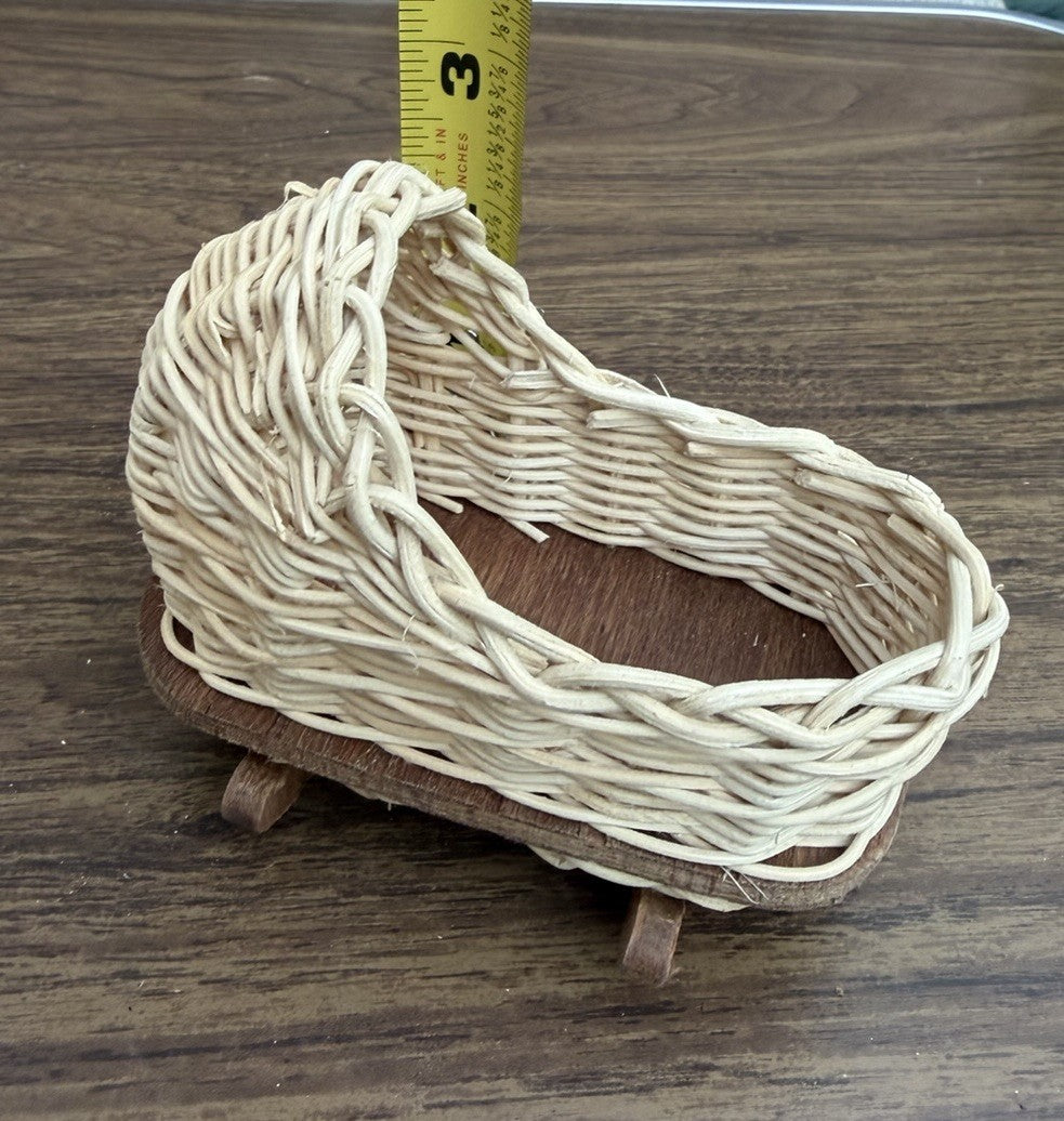 Vintage Wicker Wood Dollhouse Rocking Cradle Bed Bassinet Miniature Furniture