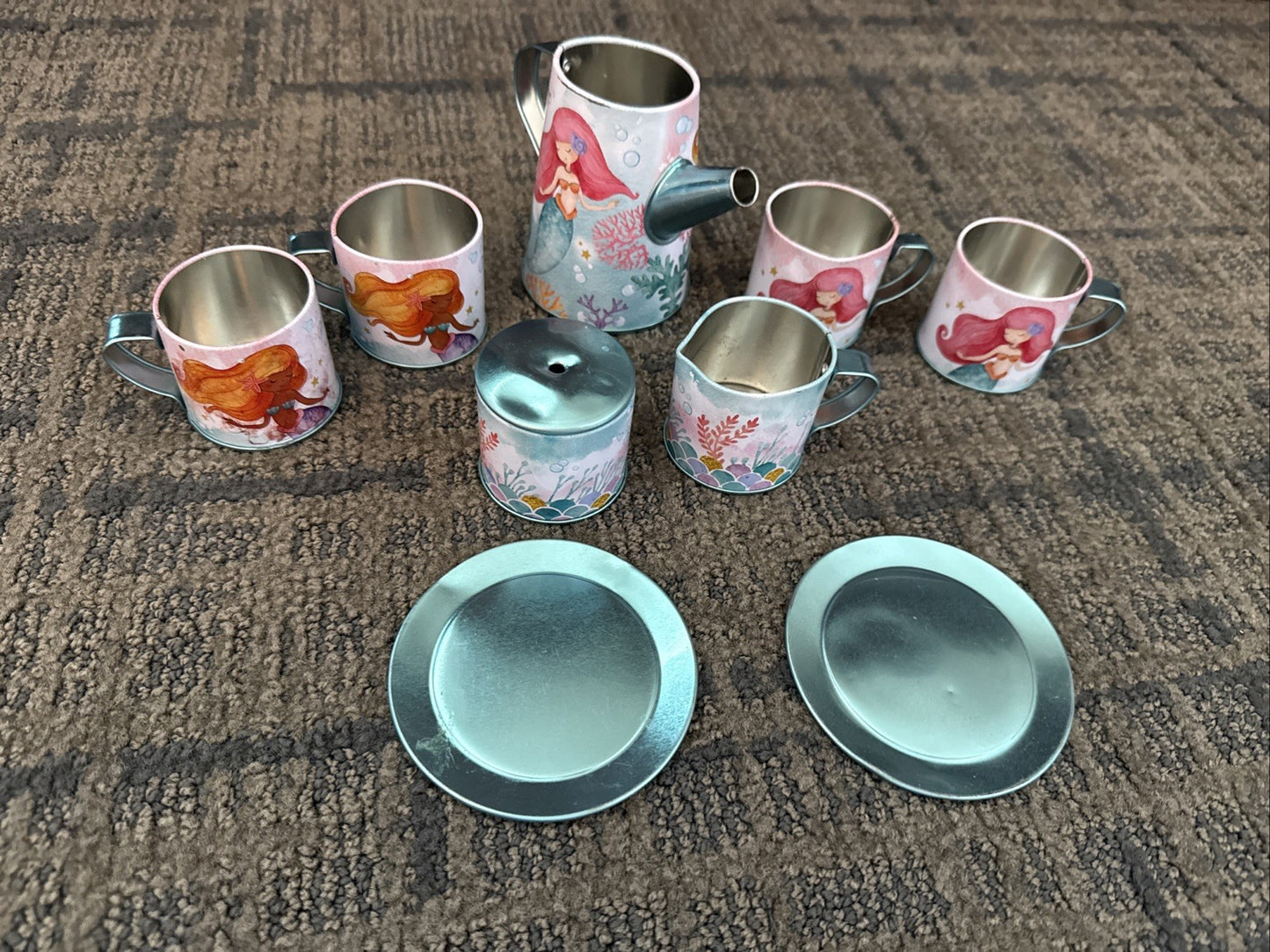 Members Mark Mermaid Tin Tea Set Kids Playset 10 Pieces INCOMPLETE