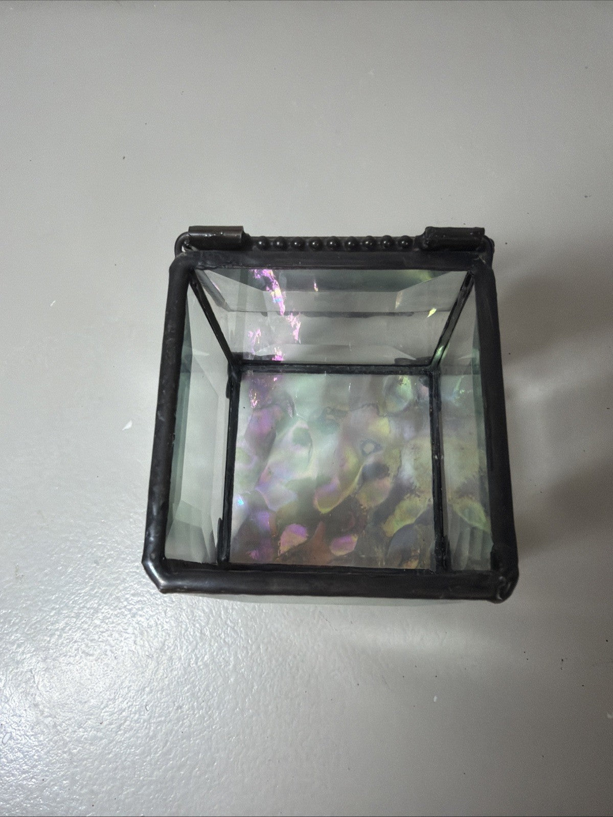 Vintage Style Built Beveled Glass Trinket Jewelry Box Footed Iridescent Metal 3"