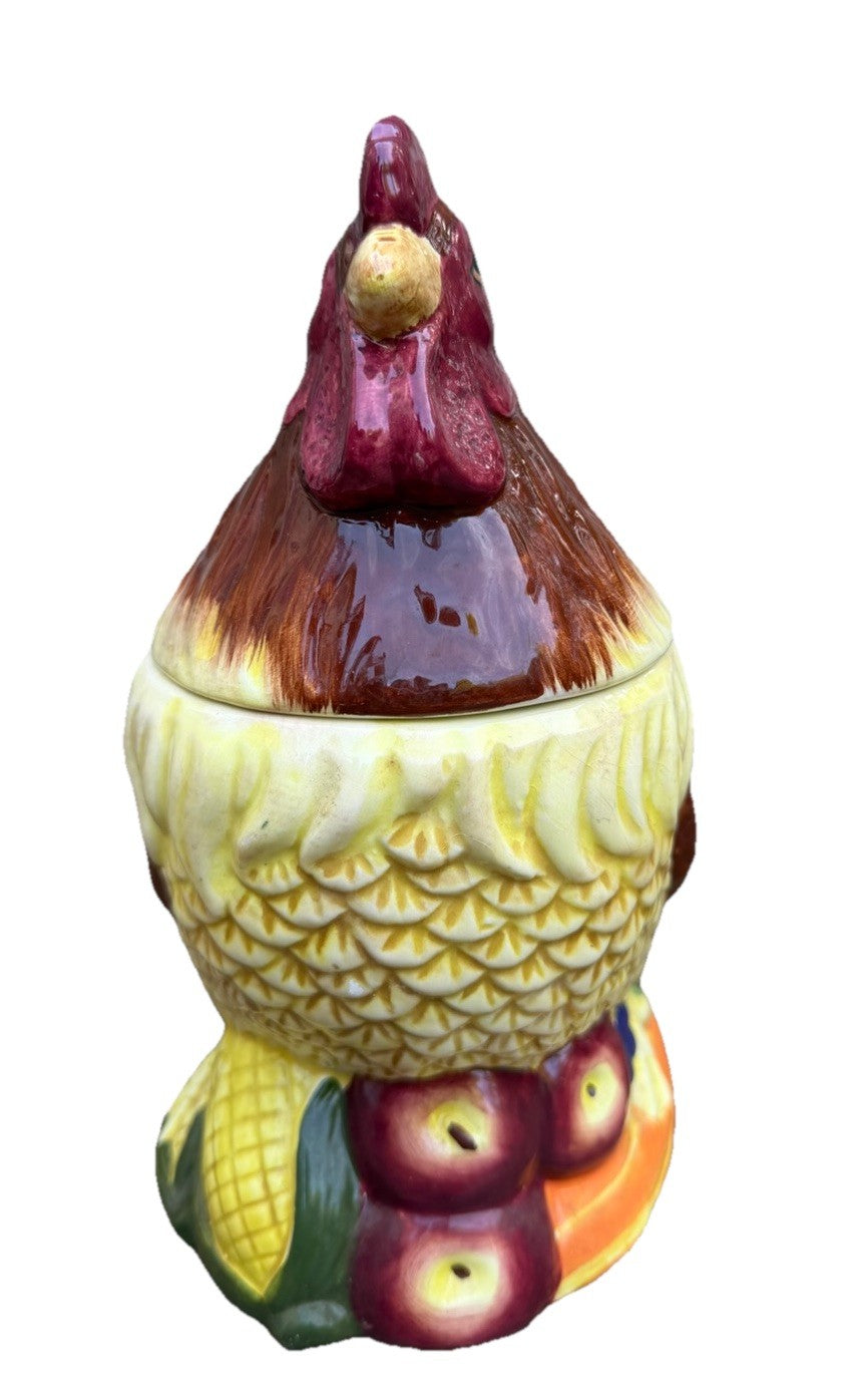 Vintage Rooster Hen Ceramic Cookie Jar Canister Fruit Relief Lid