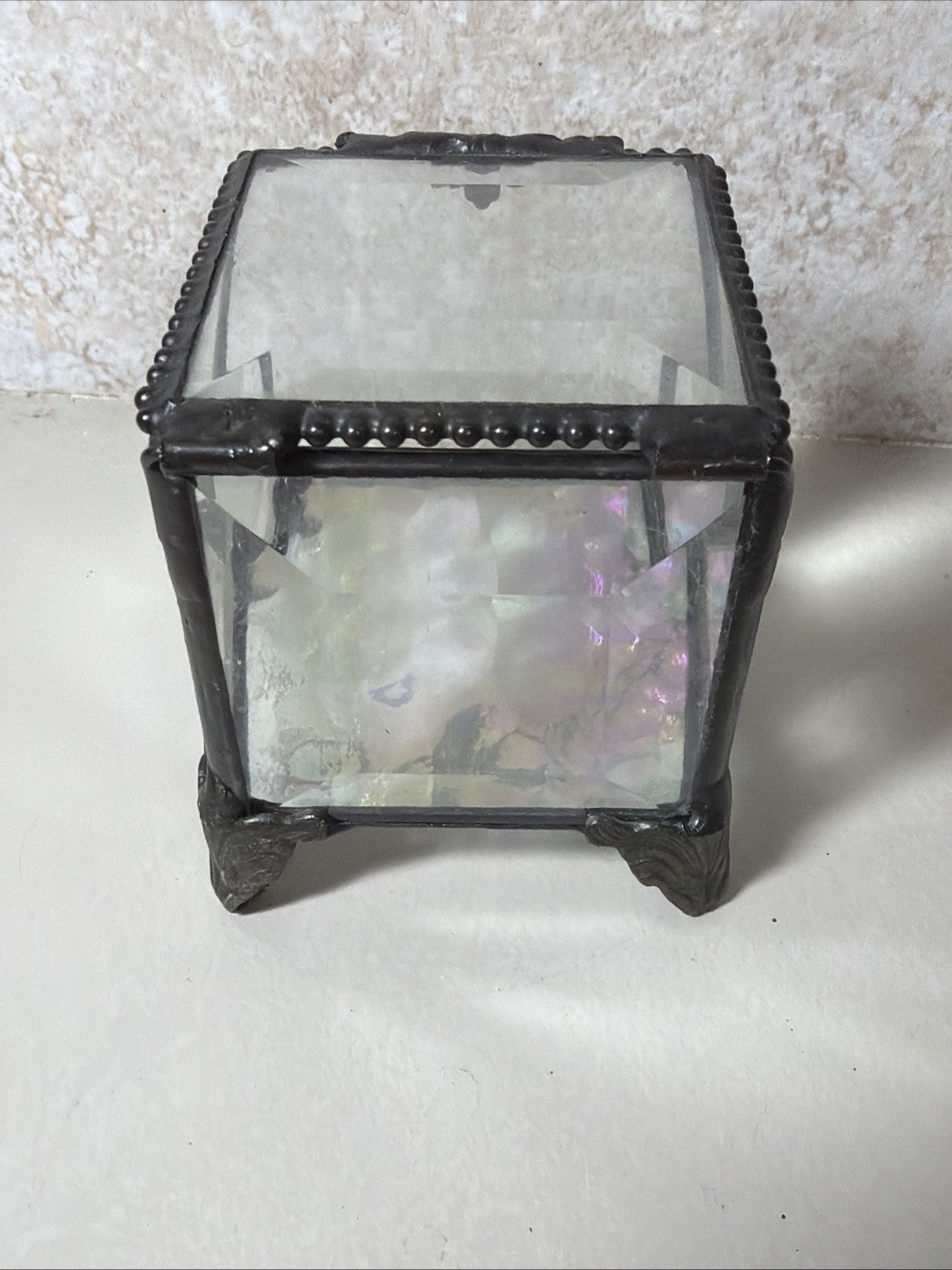 Vintage Style Built Beveled Glass Trinket Jewelry Box Footed Iridescent Metal 3"