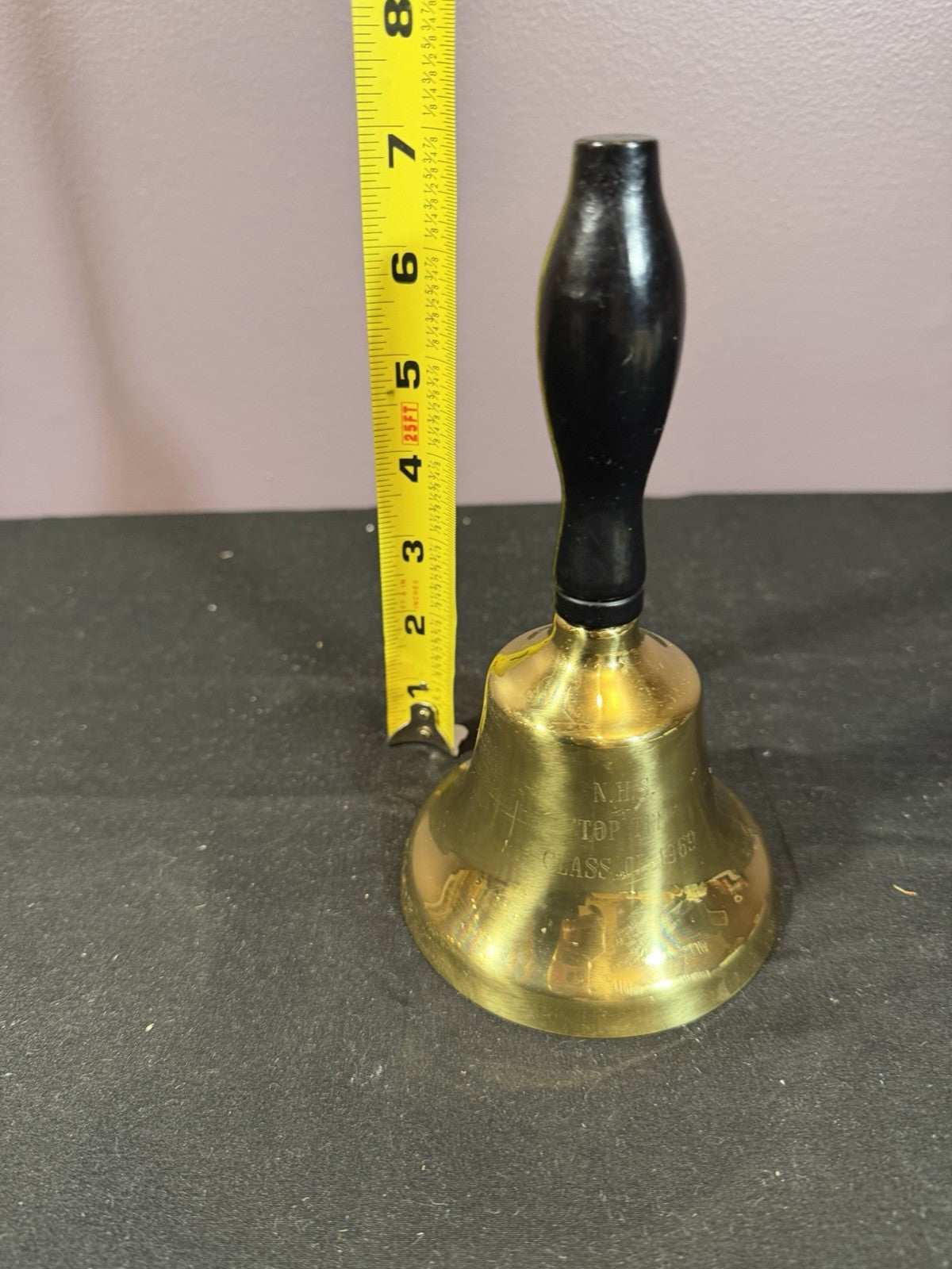 Vintage Brass Ceremonial Bell NHS Top Ten Class of 1969 Wooden Handle 7"