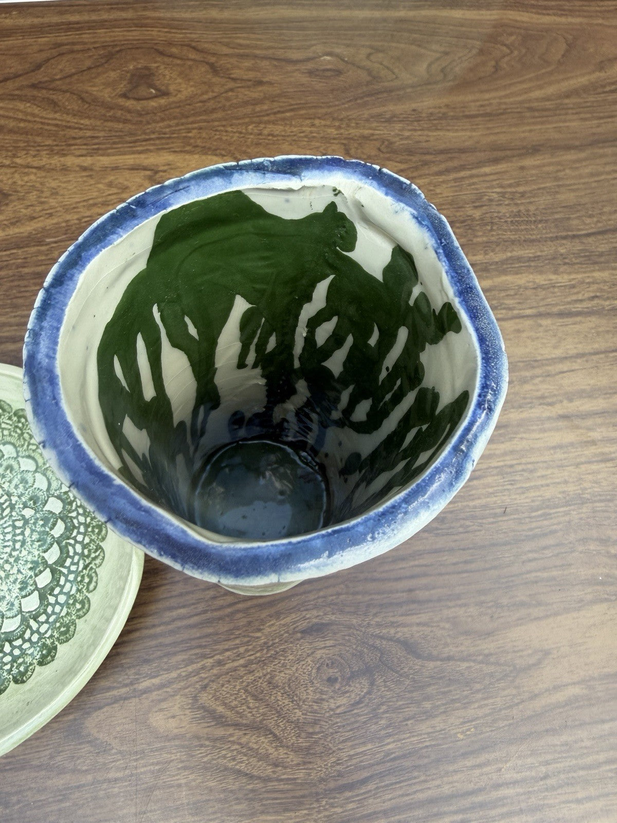 Studio Art Pottery Vase Handled Dish Set Signed WB Lace Imprint Ceramic MCM
