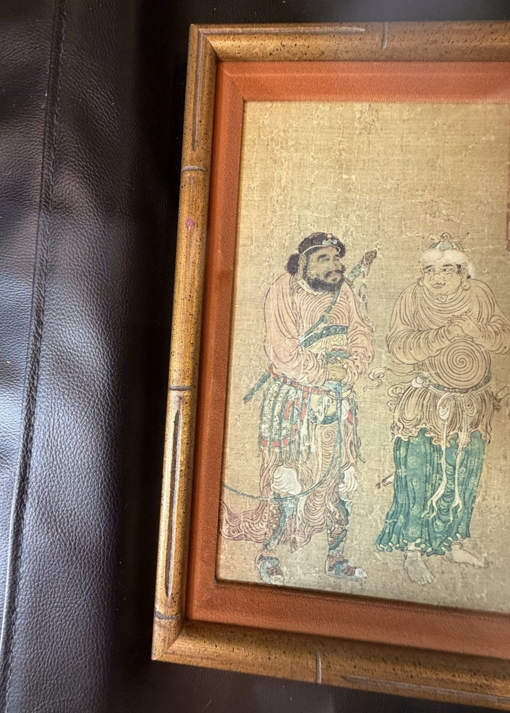 Vintage Chinese Silk Painting Horses Groom Tributary Art Faux Bamboo Frame 42x14