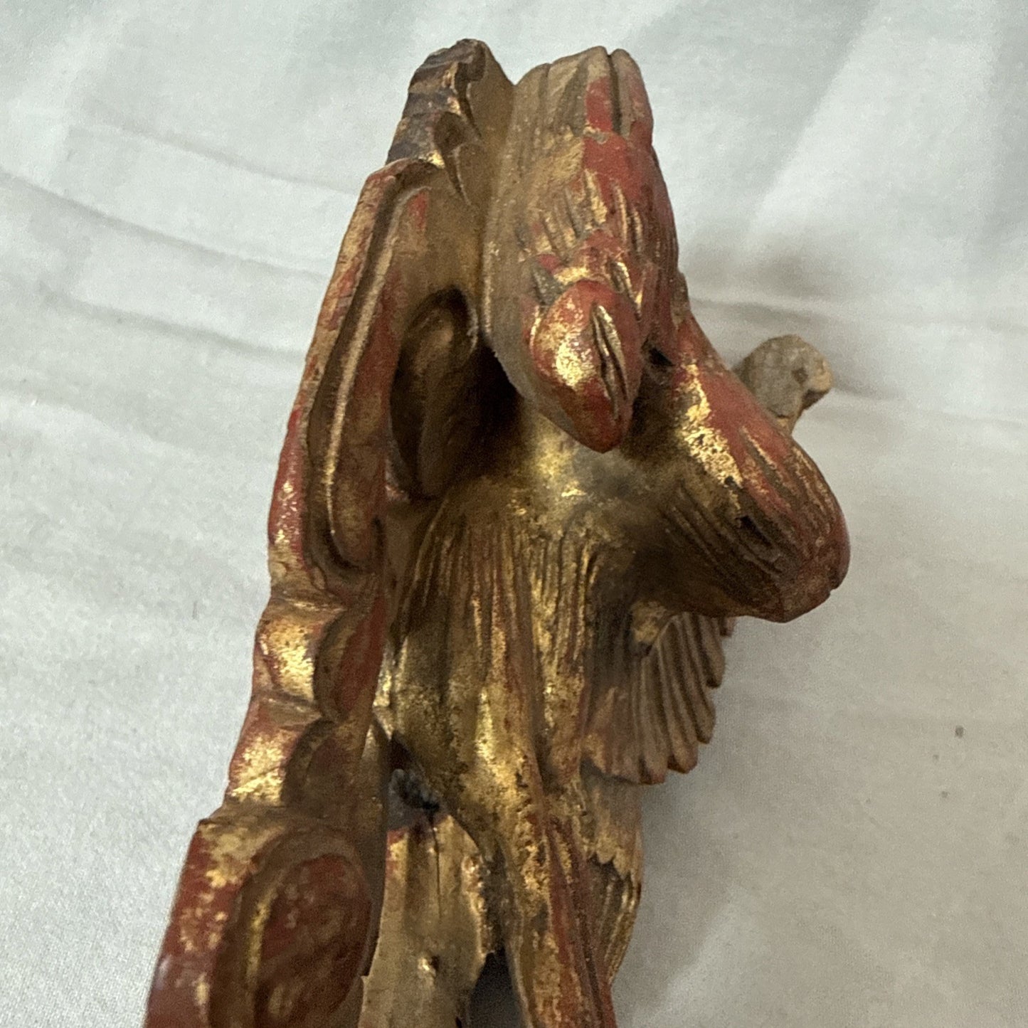 Antique Chinese Qing Dynasty Wood Temple  Red & Gilt Panel Dragon Fragment 7”x3”