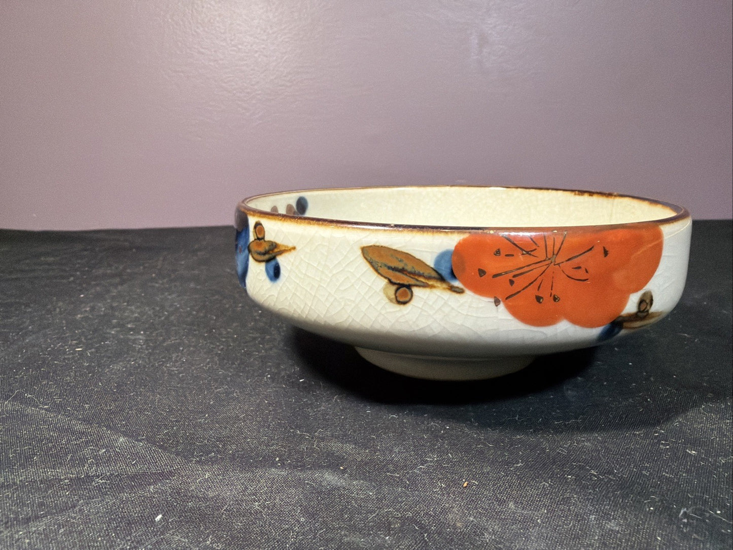Vintage Asian Crackle Glaze Bowl Blue Floral Gold Trim Porcelain 5”