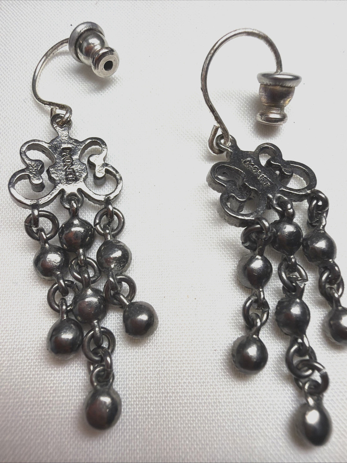 Vintage Monet Dangle Earrings Silver Tone Black Rhinestone Drop 5"