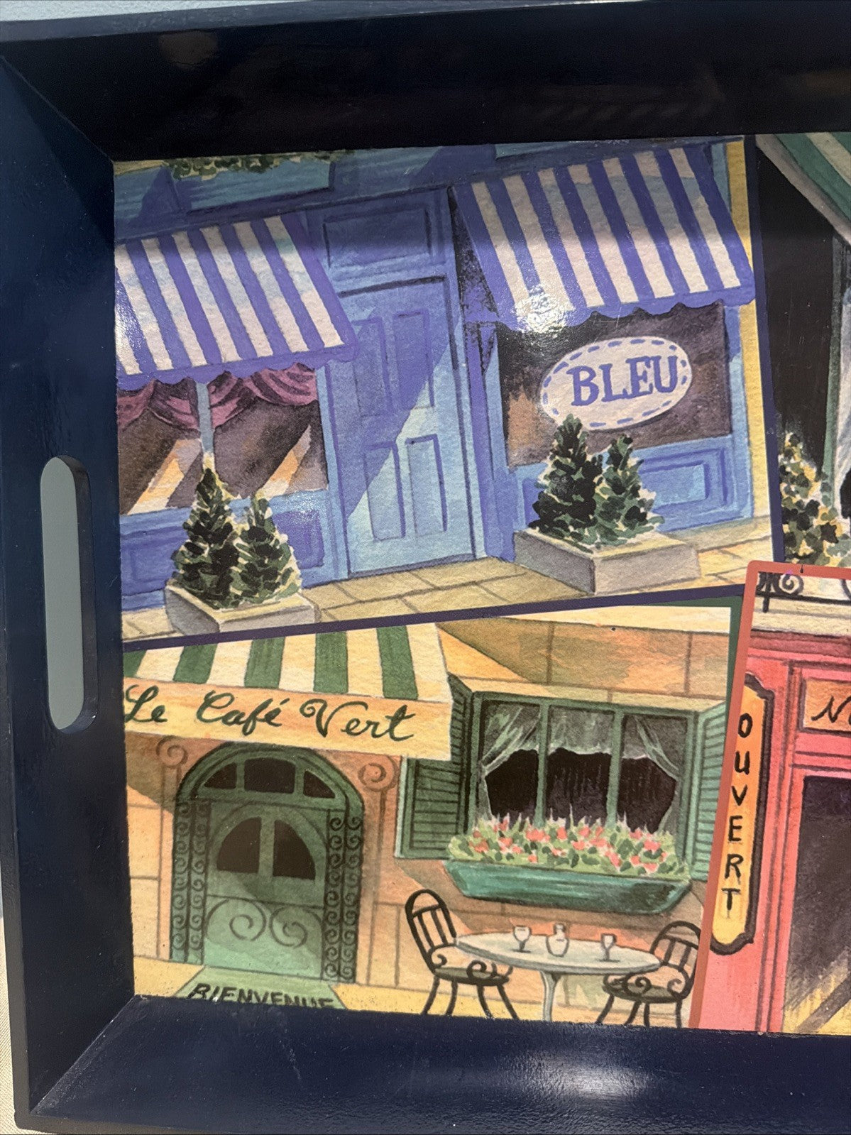 French Street Scene Serving Tray with Navy Blue Handles 14.5" x 9.5"