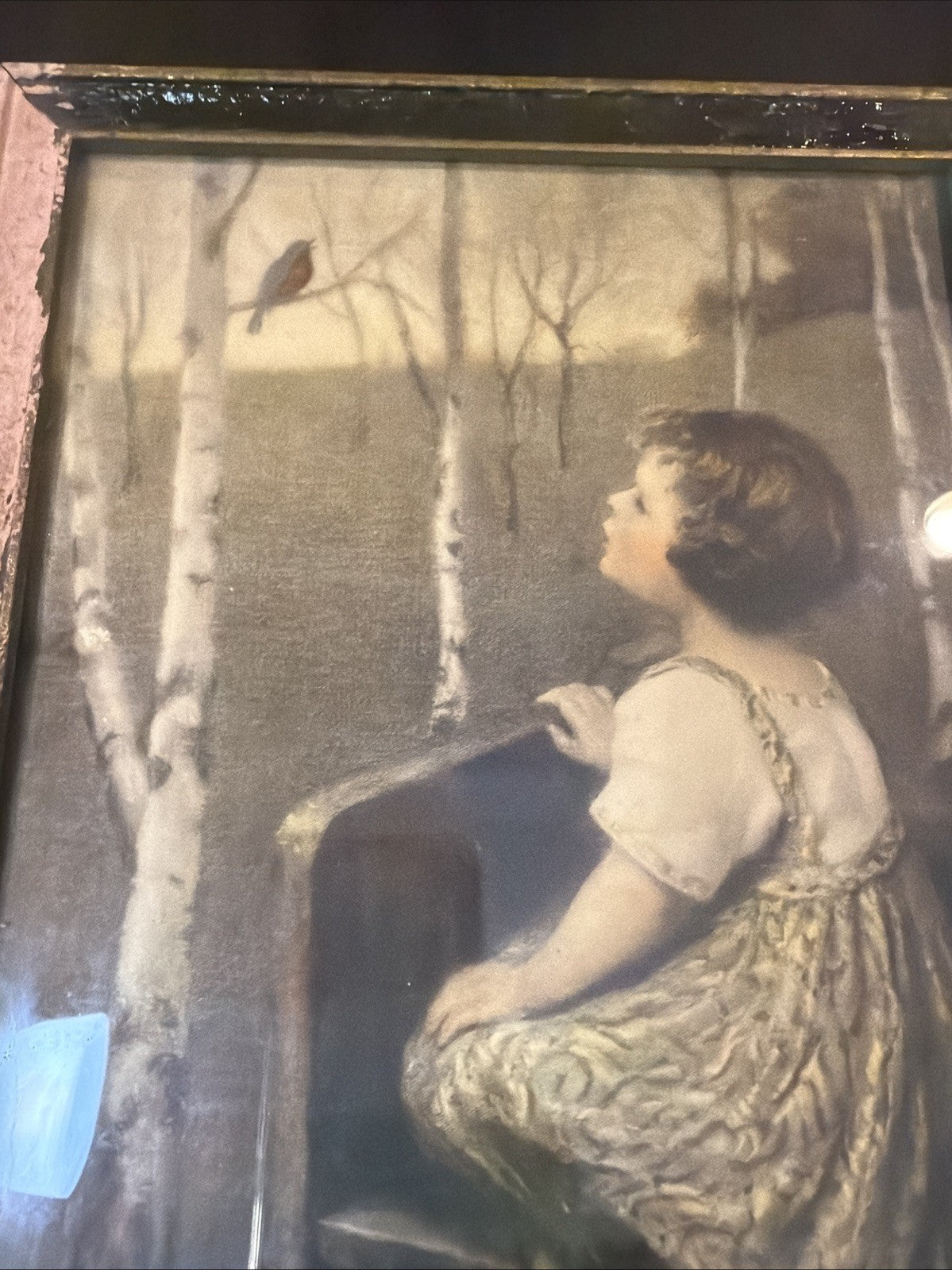 Antique 1920s Spring Song Girl Bird Framed Art Simon Glucklich #838 10" x 13"