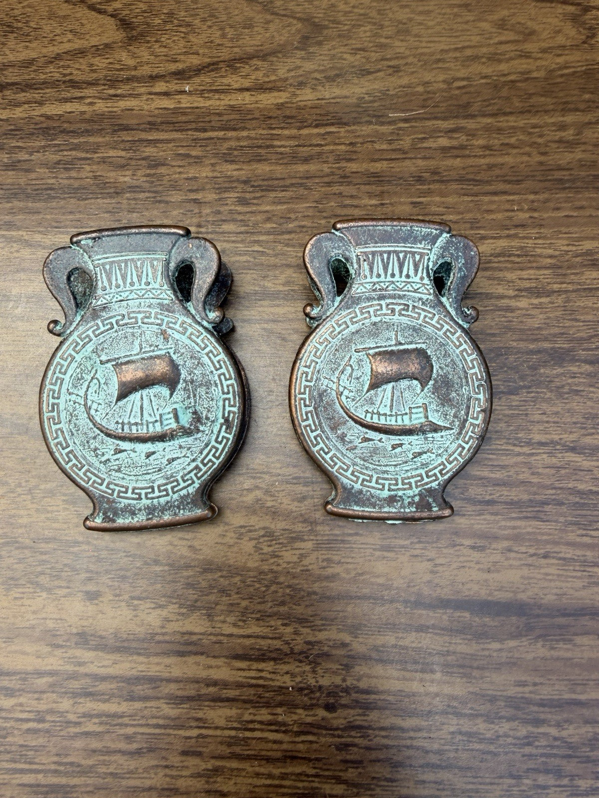 Vintage Greece Bronze Letter Clips Temple Ship Souvenir Pair Made in Greece
