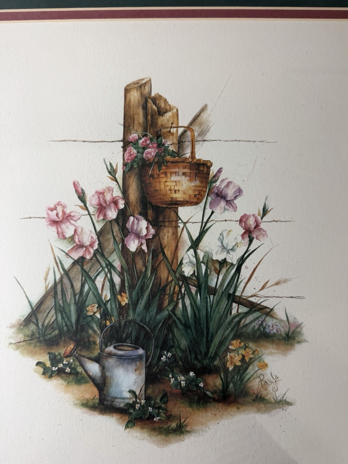 Vintage Paula Vaughan 2 Framed Floral Prints "Forgotten Basket" & "Cherished