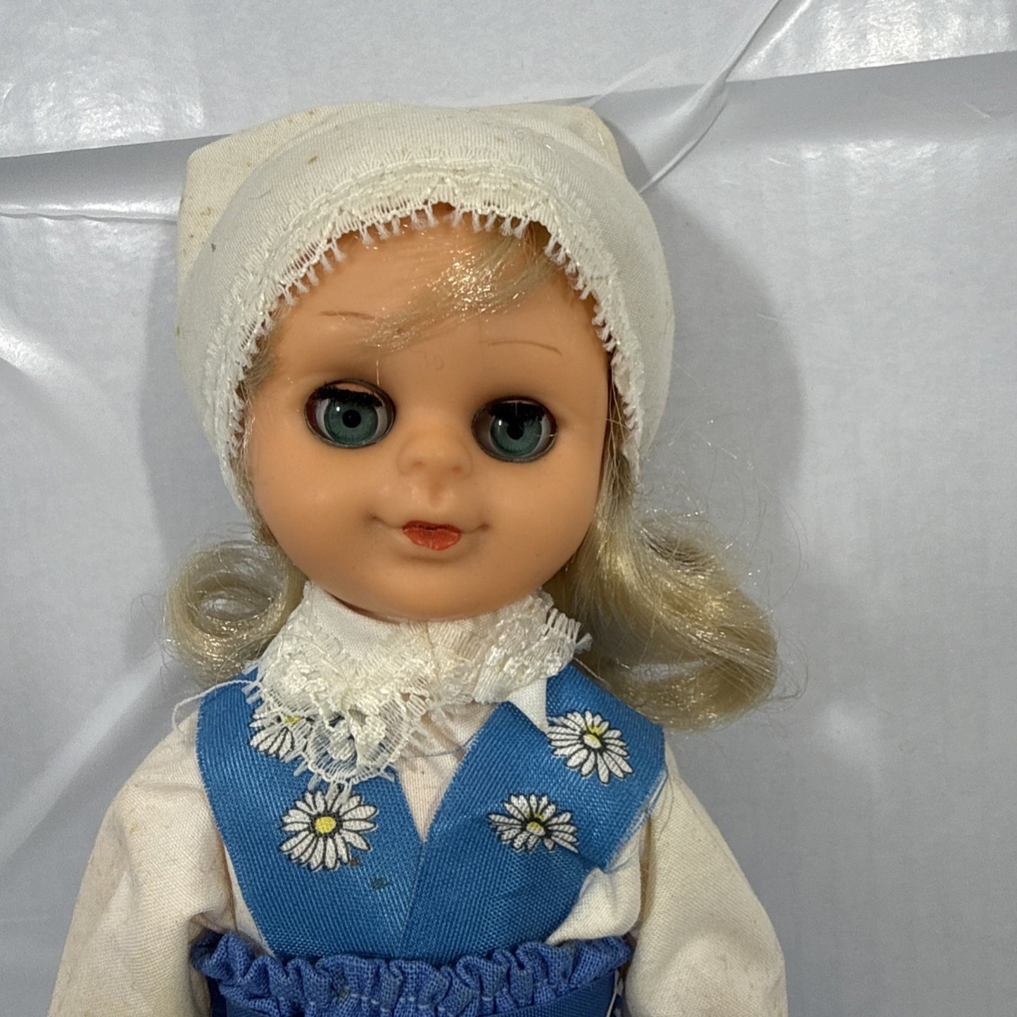 Vintage Sweden Vinyl Doll Sleepy Eyes Blue Yellow Folk Costume 9'