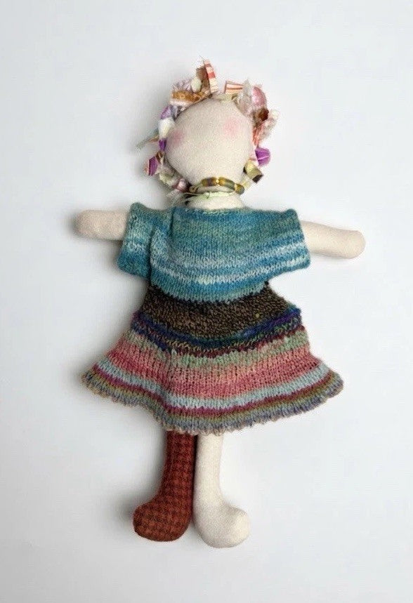 Handmade Art Doll Rag Doll Embroidered Body Knit Dress Hair Ribbon Collar Folk