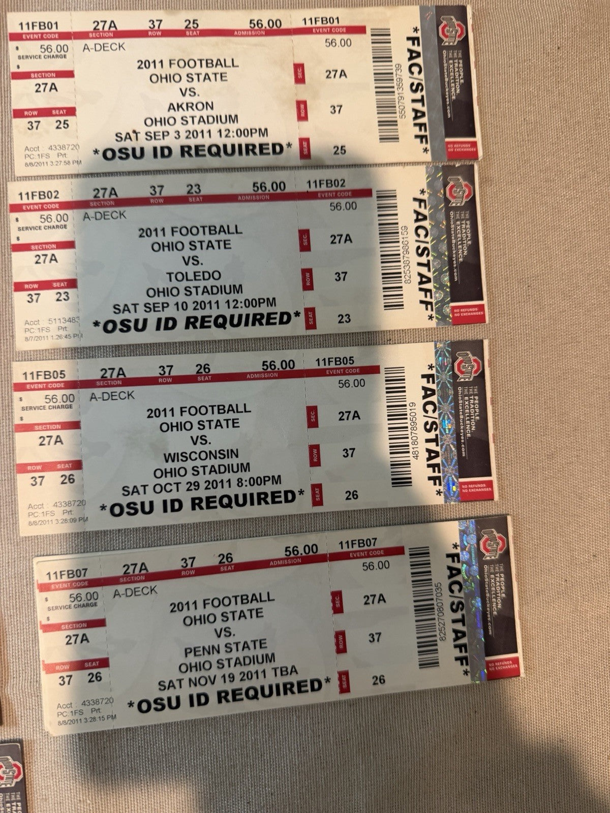 2005-2015 Ohio State Buckeyes Football Ticket Stub Faculty Staff seats Lot of 44