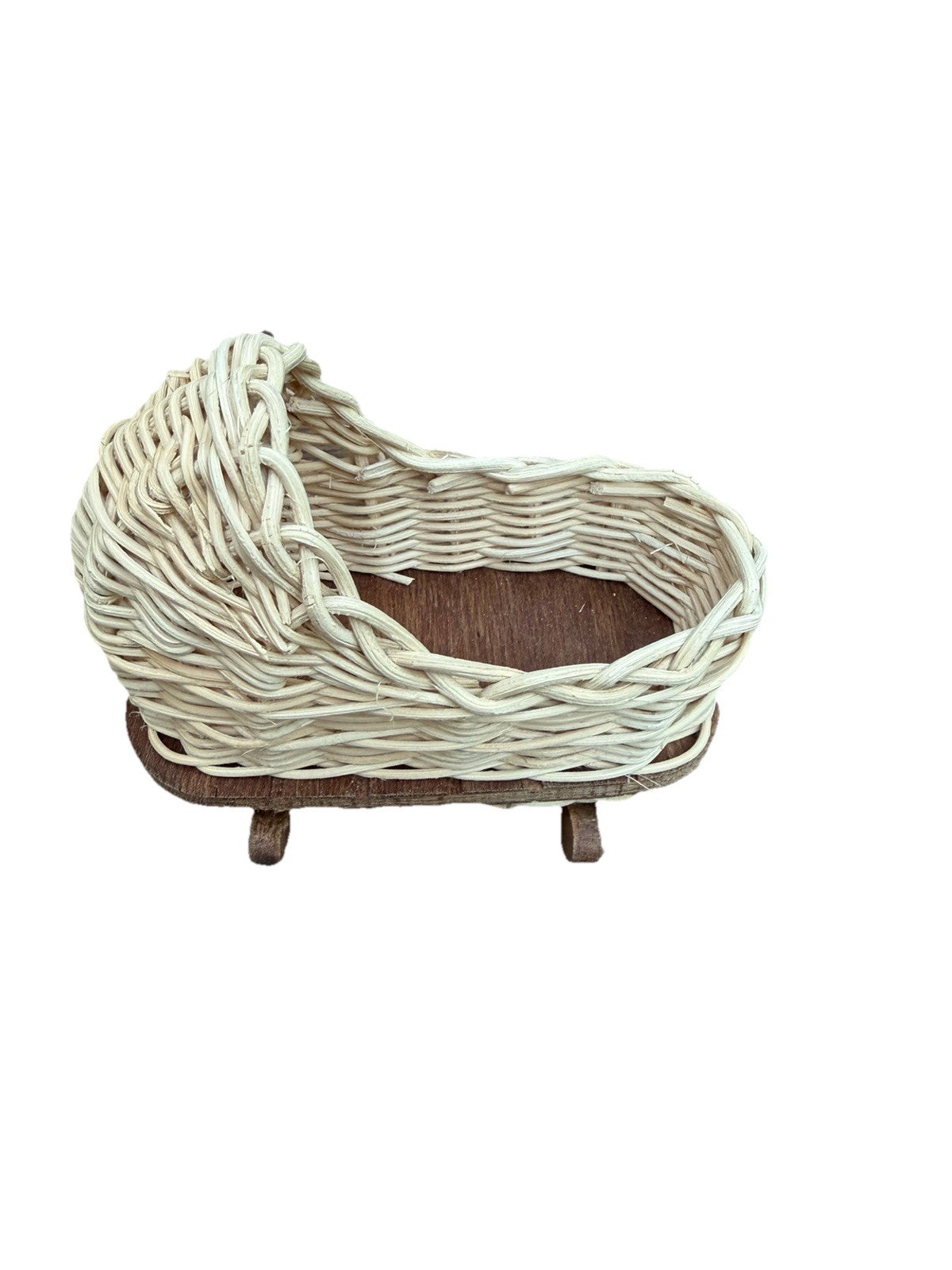 Vintage Wicker Wood Dollhouse Rocking Cradle Bed Bassinet Miniature Furniture