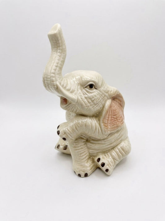 Vintage Iridescent Ceramic Elephant Figurine Trunk Up Pink Ears Good Luck Decor