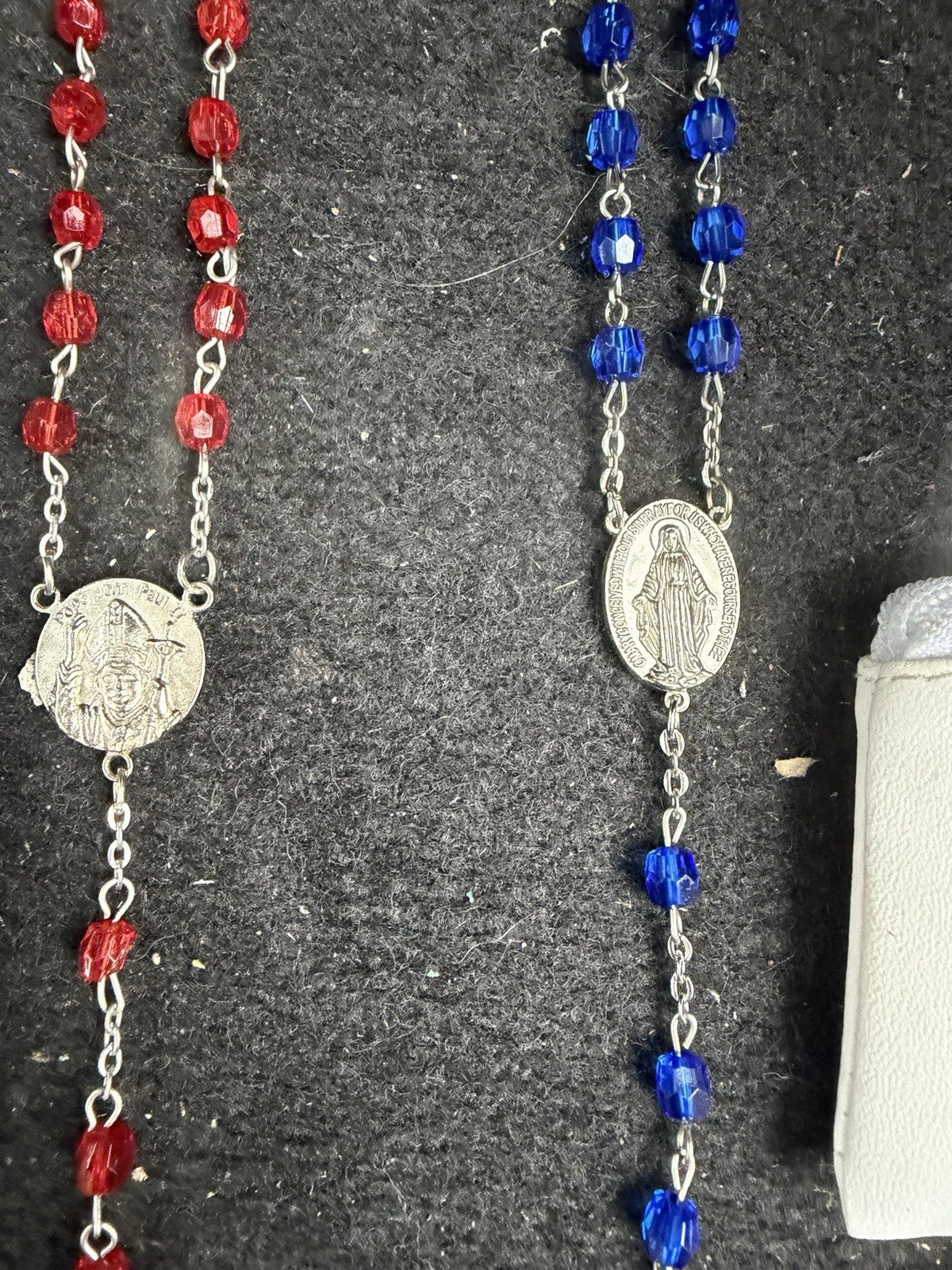Catholic Rosary Beads Pair Red Blue Crystal Glass Silver Tone Cross Religious