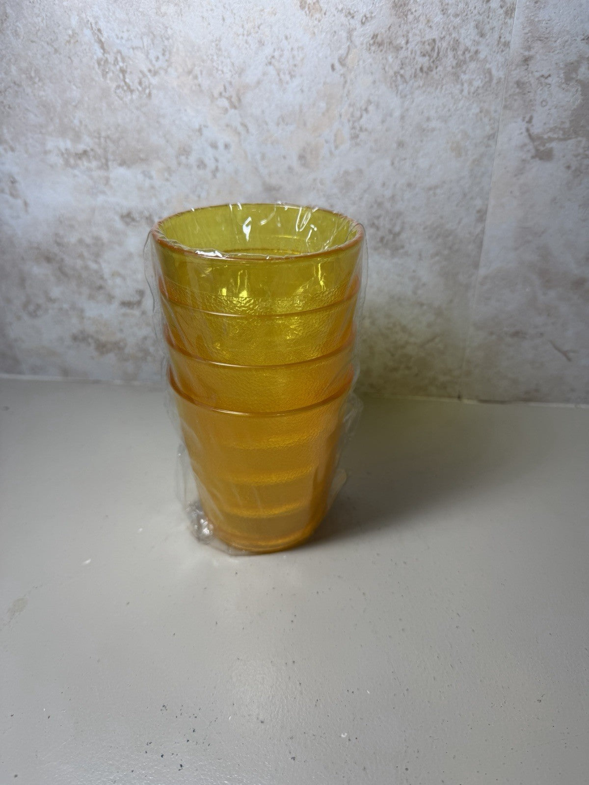 Vintage Texan Plastics Amber Yellow Tumblers Set 4 Textured Cups 319 MCM