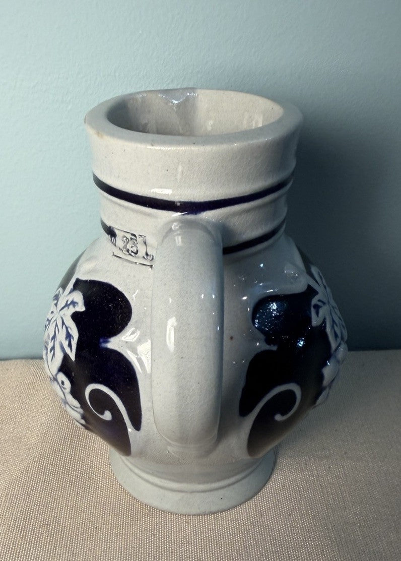Vintage German Stoneware Pitcher Blue Gray Grape Vine Glaze Barware Decanter