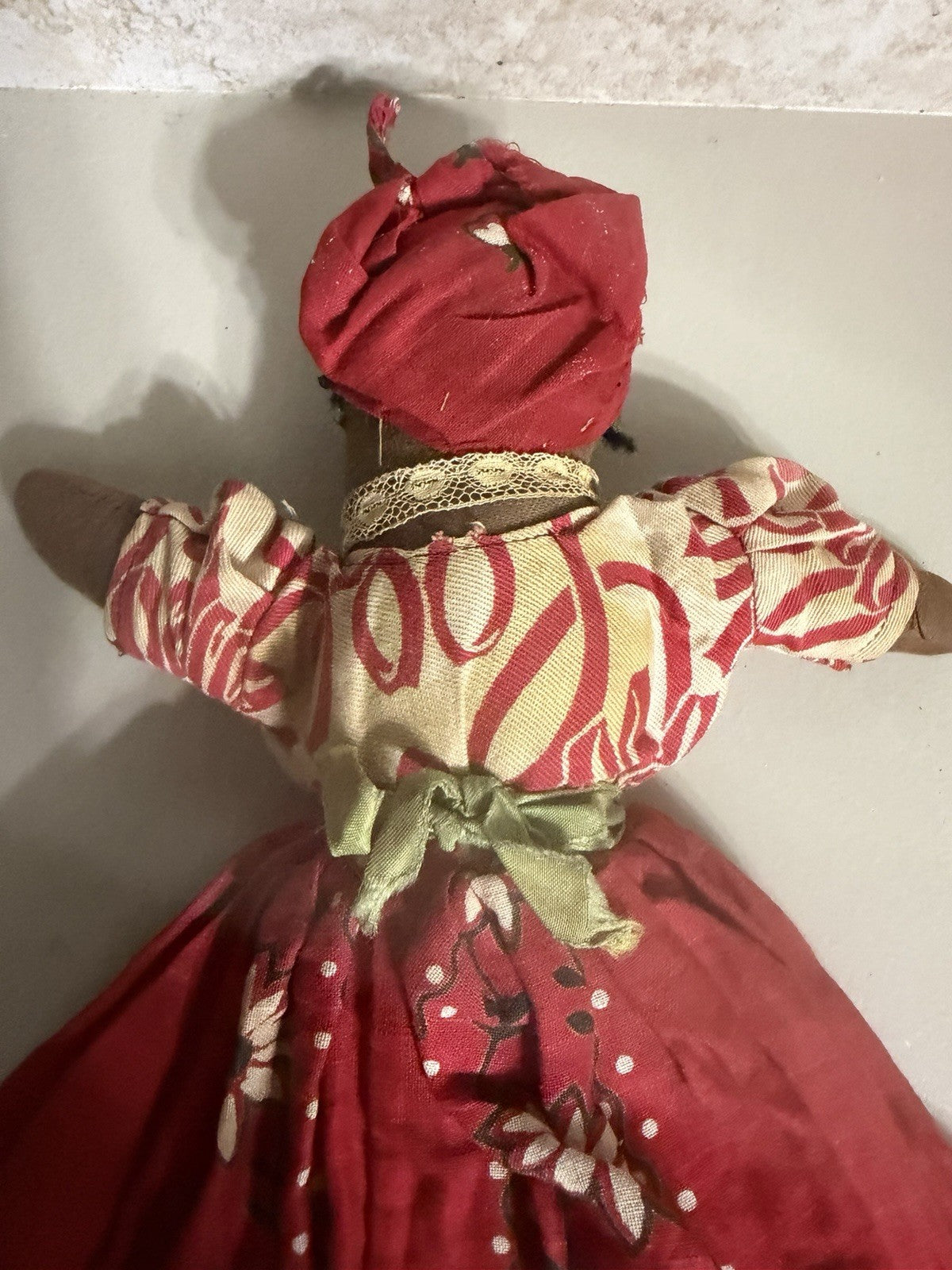 Vintage Handmade Folk Art Cloth Doll Floral Dress Handkerchief 12"