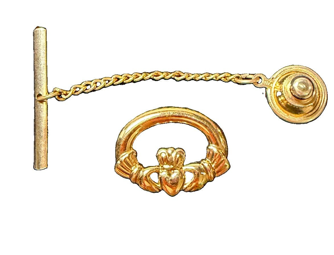 Vintage Sol Co Claddagh Tie Tac Lapel Pin Gold Tone Chain Bar Irish Jewelry Gift