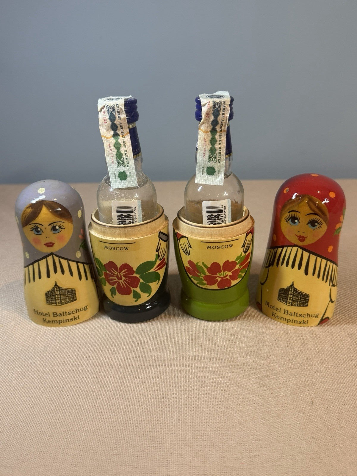 Hotel Baltschug Kempinski Moscow Wood Matryoshka Nesting Dolls Vodka Holders Set