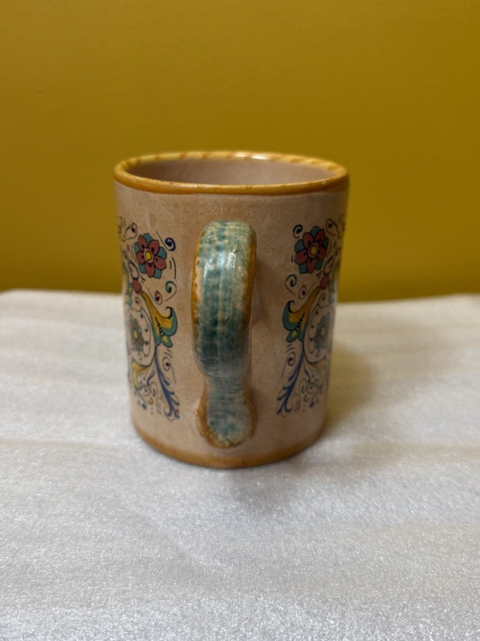 Italian Majolica Raffaellesco Dragon Floral Mug Hand Painted Pottery Italy Cup