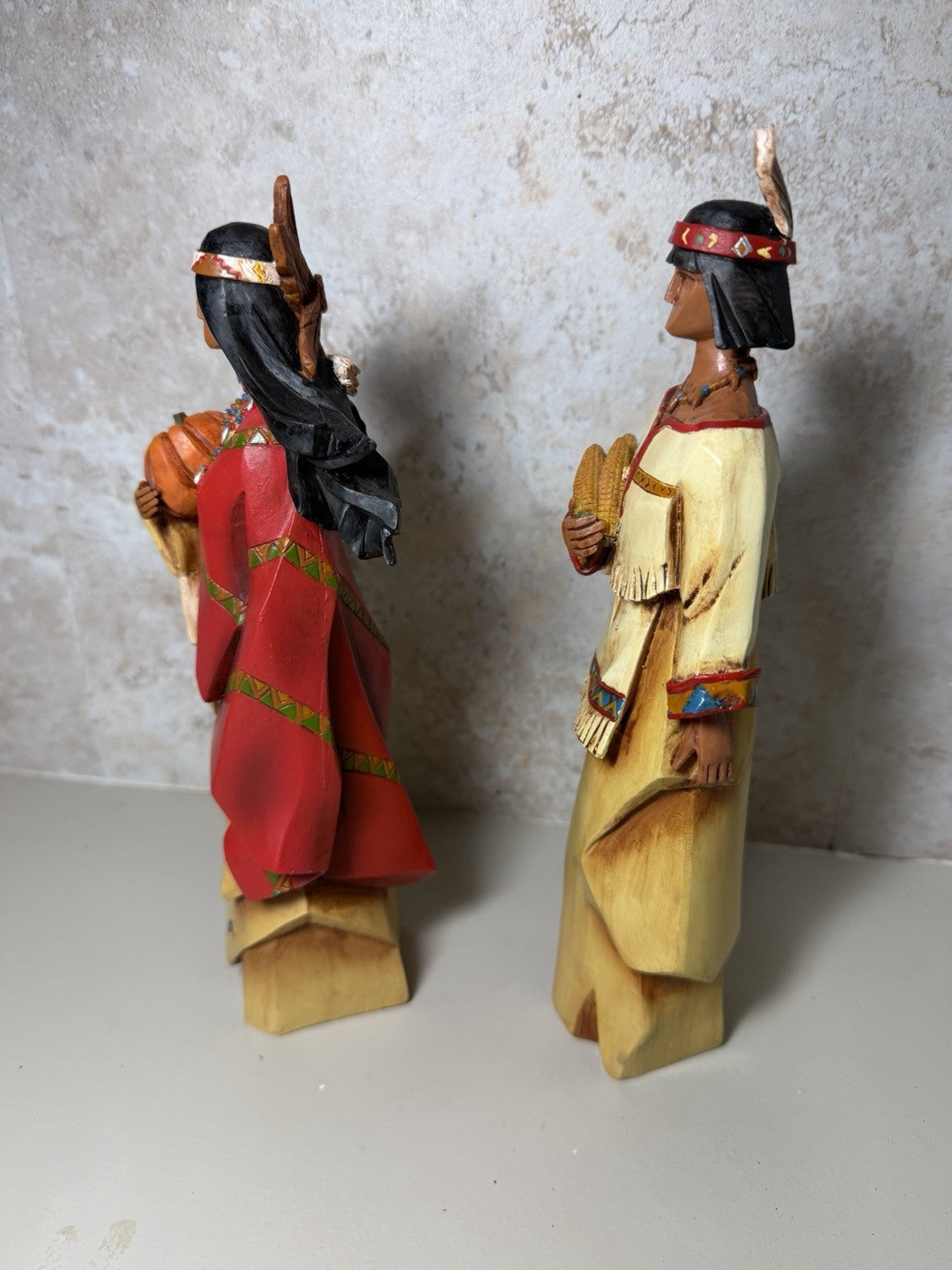 Vintage Pacific Rim Cubist Native American Man Woman Resin Sculpture Pair