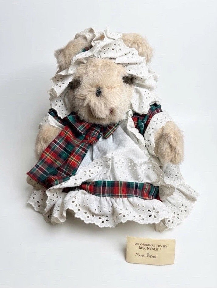 Vintage 1976 Ms Noah Plush Teddy Bear Mama Bear Plaid Eyelet Bonnet Dress Doll