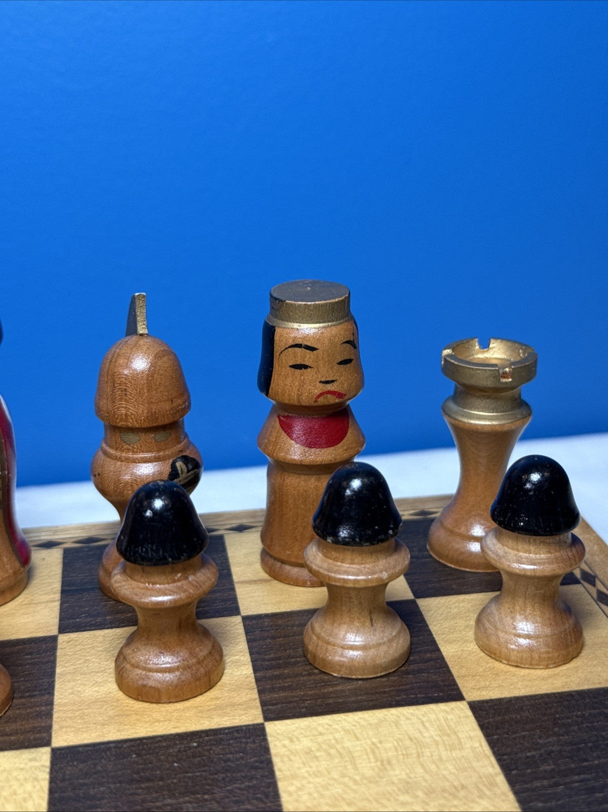 Vintage Japanese Kokeshi Wood Chess Set Hand Painted Pieces Folding Board Boxes
