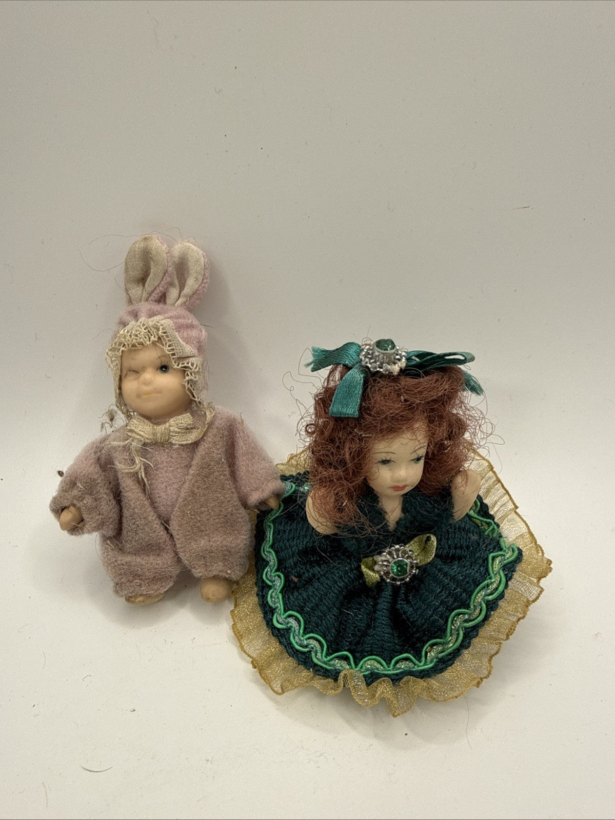 Vintage Porcelain Doll Figurines Lot of 2 Bunny Outfit Emerald Green Lilac 2"