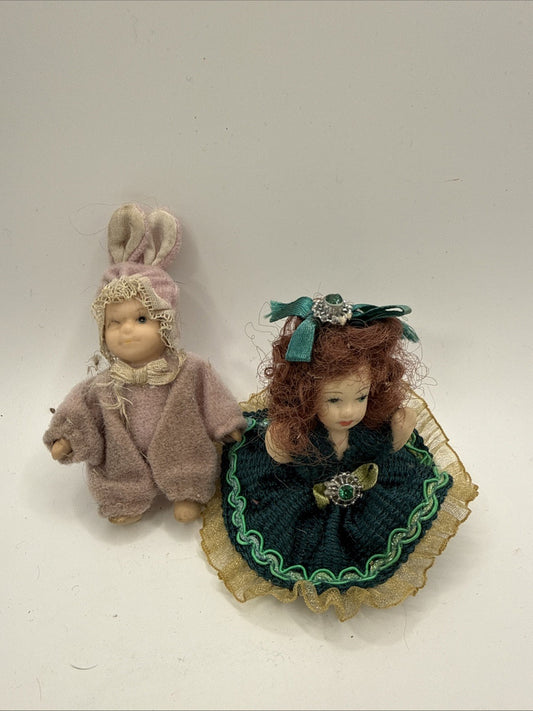 Vintage Porcelain Doll Figurines Lot of 2 Bunny Outfit Emerald Green Lilac 2"