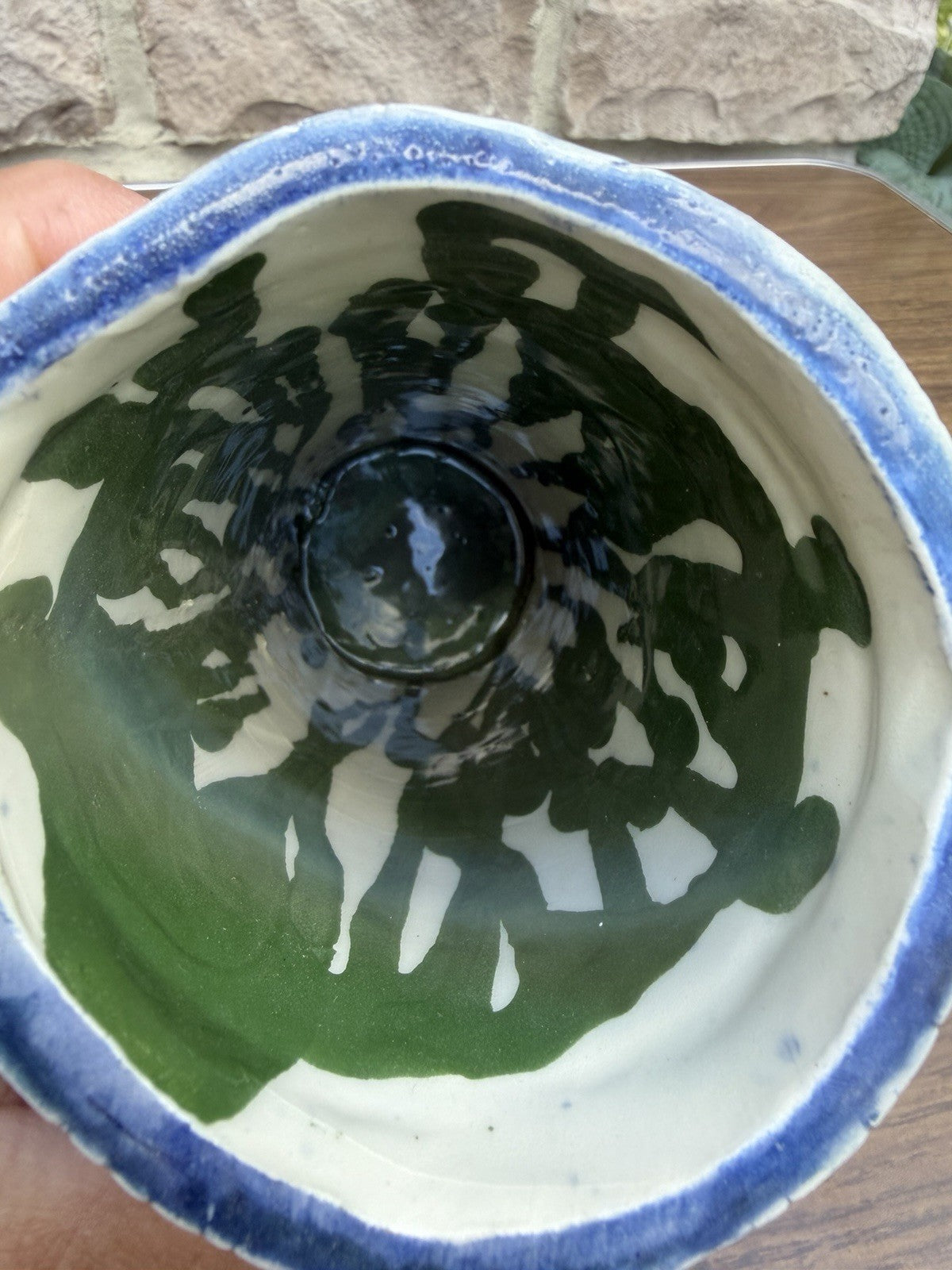 Studio Art Pottery Vase Handled Dish Set Signed WB Lace Imprint Ceramic MCM